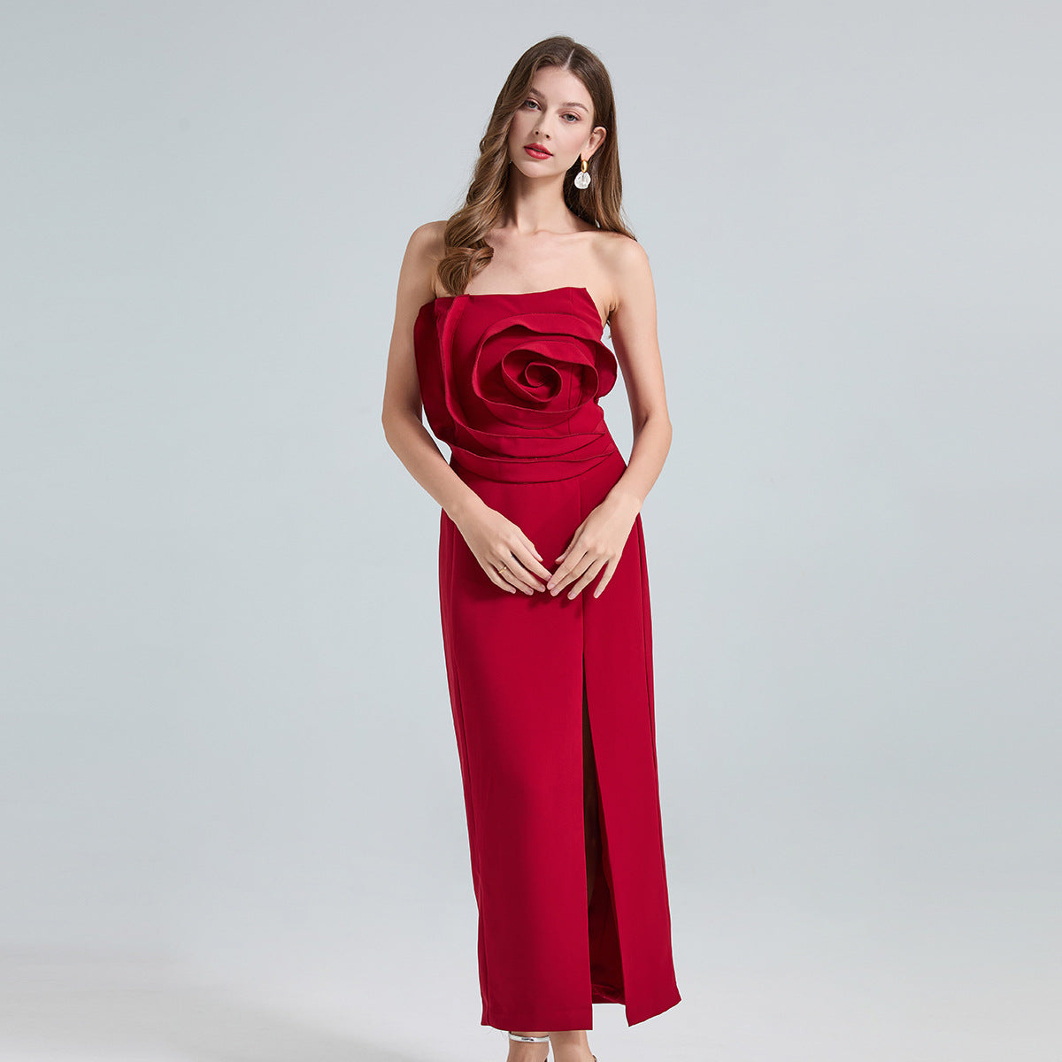 Strapless 3D Rose Maxi Dress – Red
